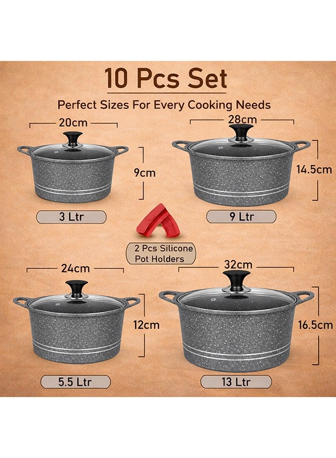 Sonex Diecast Eden King Non-Stick Cookware Set, 10-Piece, Glass Lids & Silicone Holders, 3L-13L, Advanced Korean Diecast Technology, Marble Non-Stick Coating, Dishwasher Safe, PTFE & PFOA-Free, Grey - Image 3